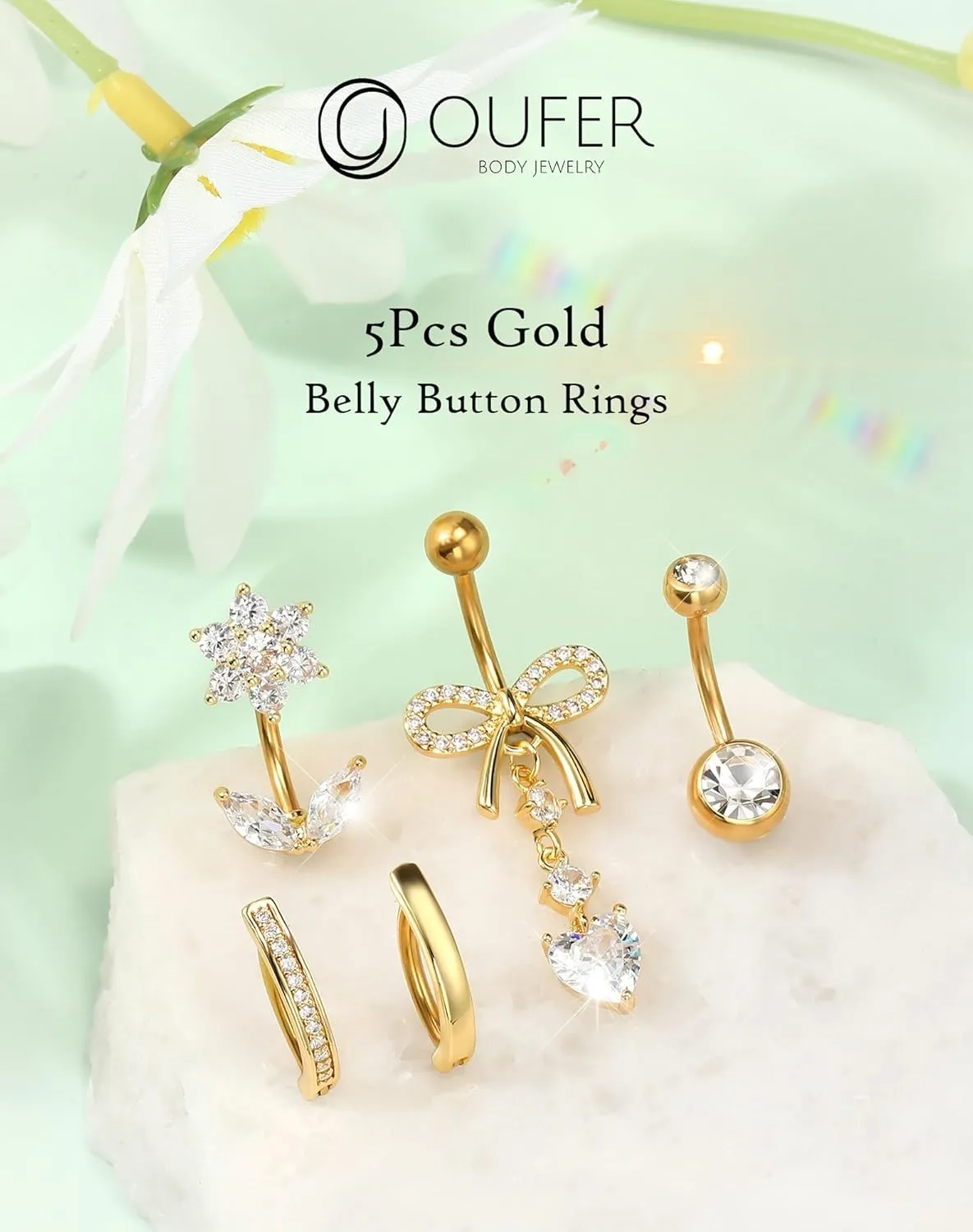 OUFER 5PCS Belly Button Rings, Cute Bow Flower Heart Dangle Navel Belly Piercing Jewelry, Clicker Navel Rings for Women Men, 14G Surgical Steel Dainty Dangly Dangling Body Piercing Jewelry