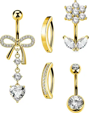 OUFER 5PCS Belly Button Rings, Cute Bow Flower Heart Dangle Navel Belly Piercing Jewelry, Clicker Navel Rings for Women Men, 14G Surgical Steel Dainty Dangly Dangling Body Piercing Jewelry