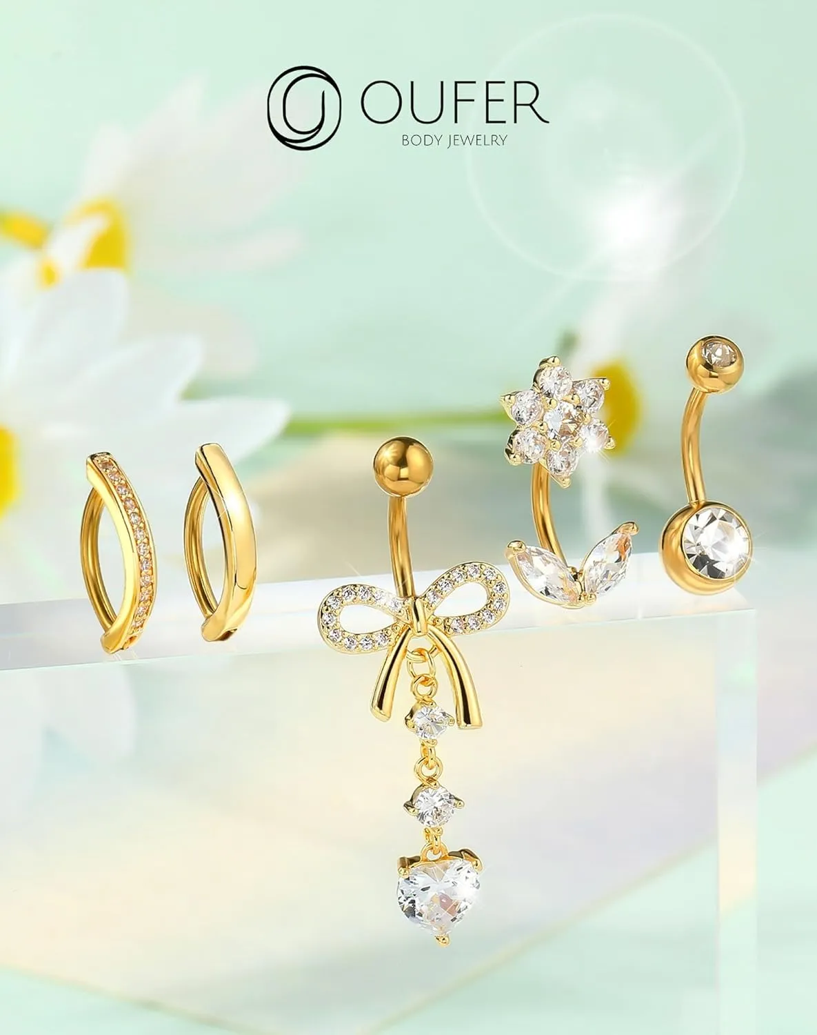 OUFER 5PCS Belly Button Rings, Cute Bow Flower Heart Dangle Navel Belly Piercing Jewelry, Clicker Navel Rings for Women Men, 14G Surgical Steel Dainty Dangly Dangling Body Piercing Jewelry