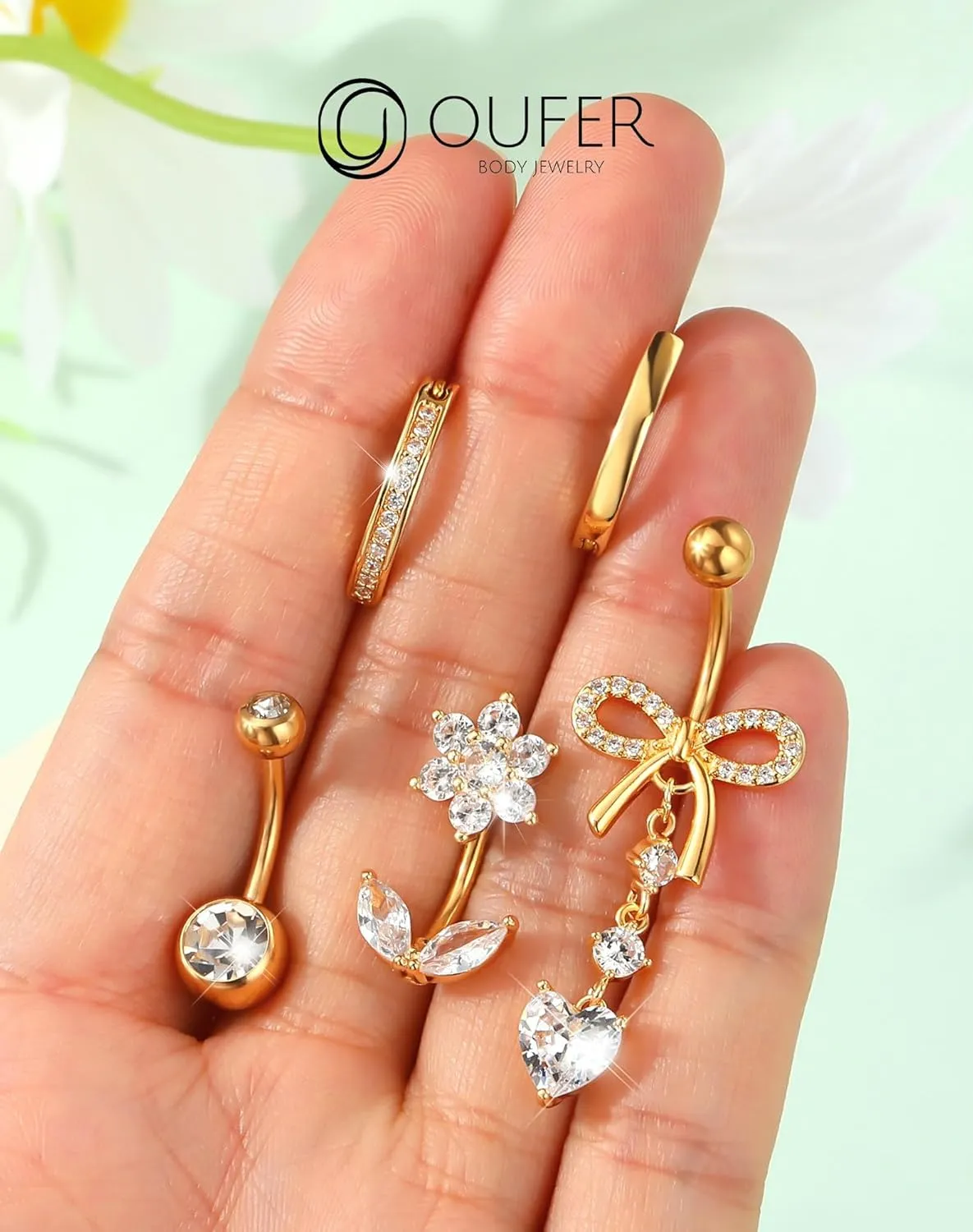 OUFER 5PCS Belly Button Rings, Cute Bow Flower Heart Dangle Navel Belly Piercing Jewelry, Clicker Navel Rings for Women Men, 14G Surgical Steel Dainty Dangly Dangling Body Piercing Jewelry