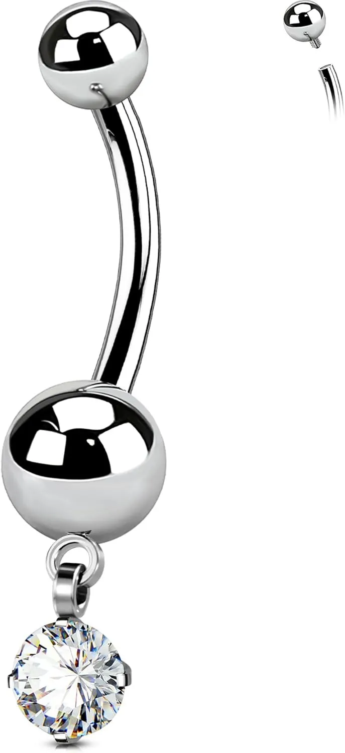 OUFER Titanium Belly Button Rings, Dangle Belly Button Piercing, Clear CZ Dangle Navel Piercing Jewelry, Long Belly Button Rings, Internally Threaded Belly Rings For Women Men