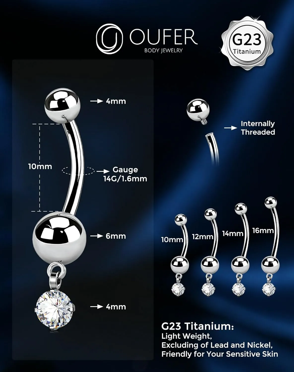 OUFER Titanium Belly Button Rings, Dangle Belly Button Piercing, Clear CZ Dangle Navel Piercing Jewelry, Long Belly Button Rings, Internally Threaded Belly Rings For Women Men