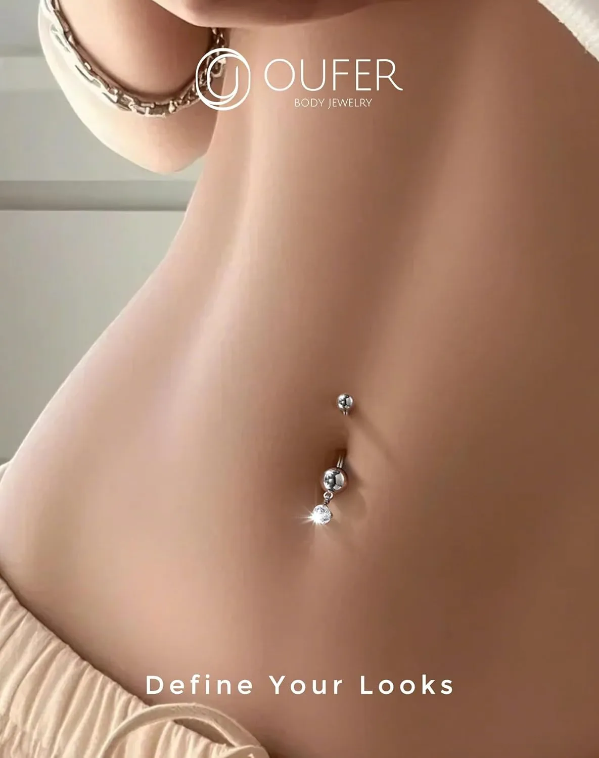 OUFER Titanium Belly Button Rings, Dangle Belly Button Piercing, Clear CZ Dangle Navel Piercing Jewelry, Long Belly Button Rings, Internally Threaded Belly Rings For Women Men