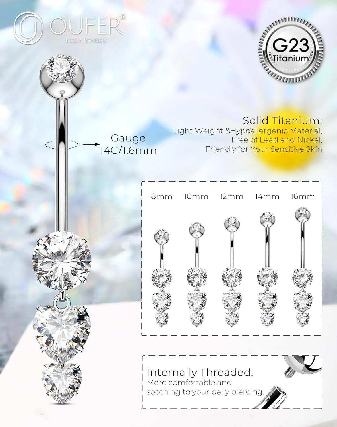 OUFER Titanium Belly Rings, Belly Button Rings Dangling, Clear CZ Belly Piercing Jewelry, Heart Navel Piercing Jewelry, Internally Threaded Belly Rings For Women and Men