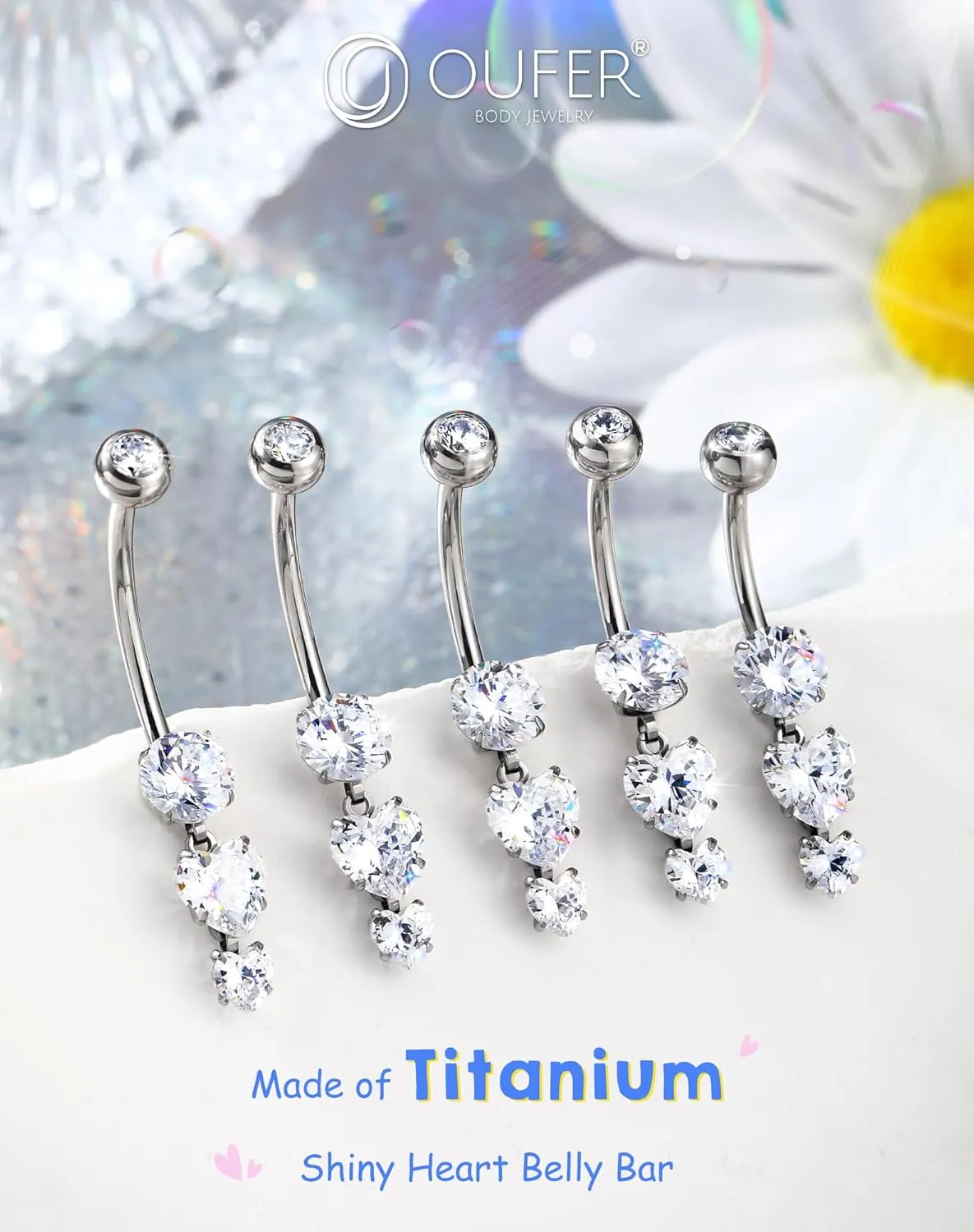 OUFER Titanium Belly Rings, Belly Button Rings Dangling, Clear CZ Belly Piercing Jewelry, Heart Navel Piercing Jewelry, Internally Threaded Belly Rings For Women and Men