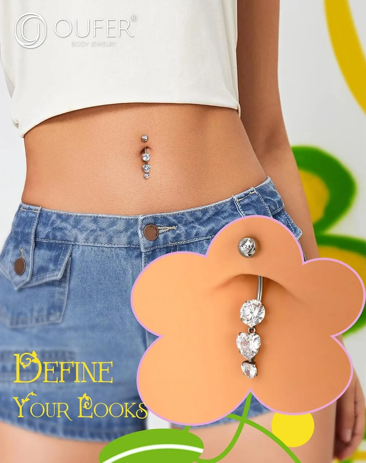 OUFER Titanium Belly Rings, Belly Button Rings Dangling, Clear CZ Belly Piercing Jewelry, Heart Navel Piercing Jewelry, Internally Threaded Belly Rings For Women and Men