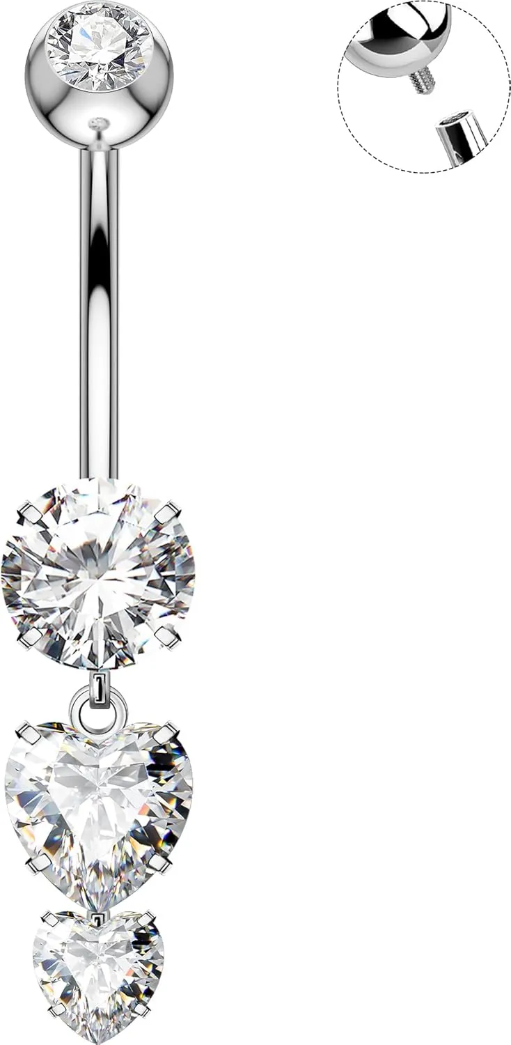 OUFER Titanium Belly Rings, Belly Button Rings Dangling, Clear CZ Belly Piercing Jewelry, Heart Navel Piercing Jewelry, Internally Threaded Belly Rings For Women and Men