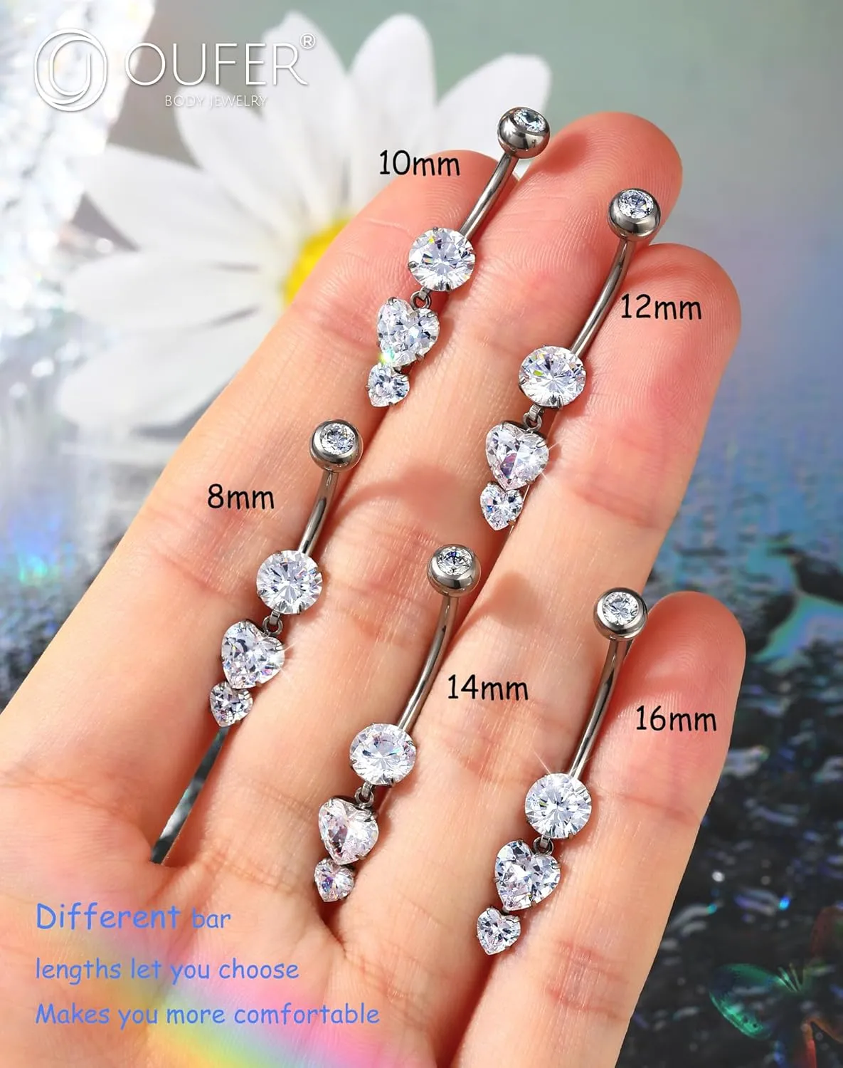OUFER Titanium Belly Rings, Belly Button Rings Dangling, Clear CZ Belly Piercing Jewelry, Heart Navel Piercing Jewelry, Internally Threaded Belly Rings For Women and Men