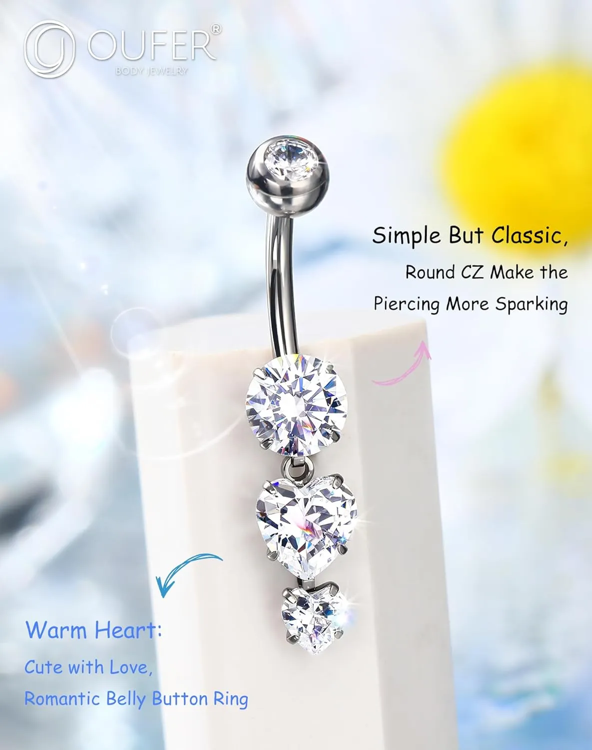 OUFER Titanium Belly Rings, Belly Button Rings Dangling, Clear CZ Belly Piercing Jewelry, Heart Navel Piercing Jewelry, Internally Threaded Belly Rings For Women and Men