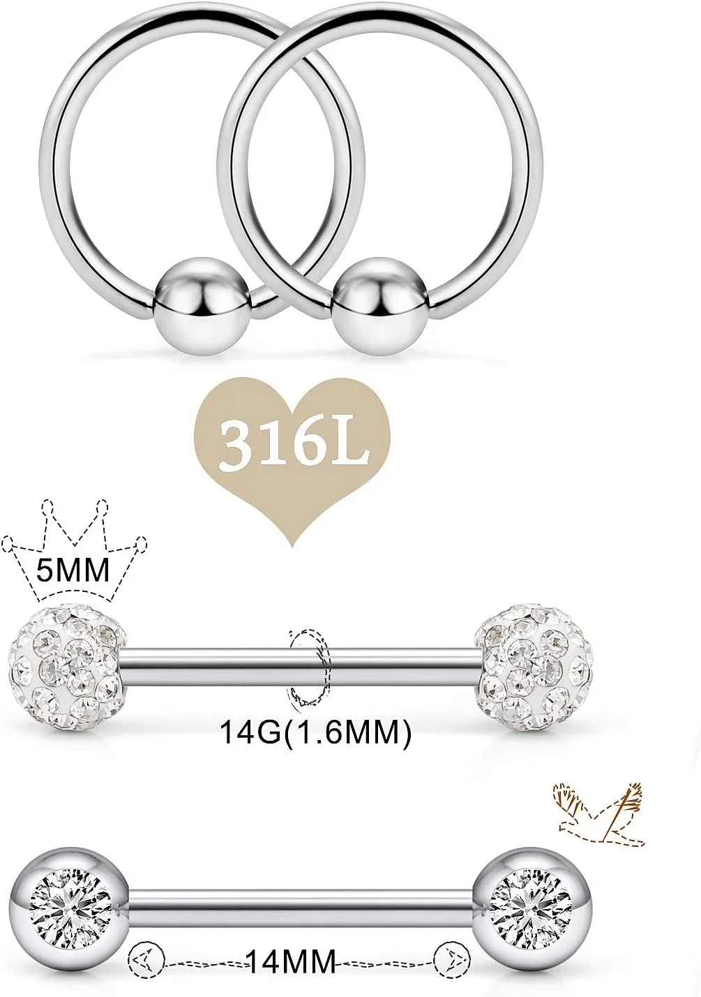Oufksiyy 12 Pairs Nipple Rings Surgical Stainless Steel Hypoallergenic Nipple Piercing Jewelry 14G Nipple Barbells Hoops Tongue Rings for Women Men 14mm 14 Gauge Niple Tongue Jewelry
