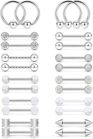 Oufksiyy 12 Pairs Nipple Rings Surgical Stainless Steel Hypoallergenic Nipple Piercing Jewelry 14G Nipple Barbells Hoops Tongue Rings for Women Men 14mm 14 Gauge Niple Tongue Jewelry