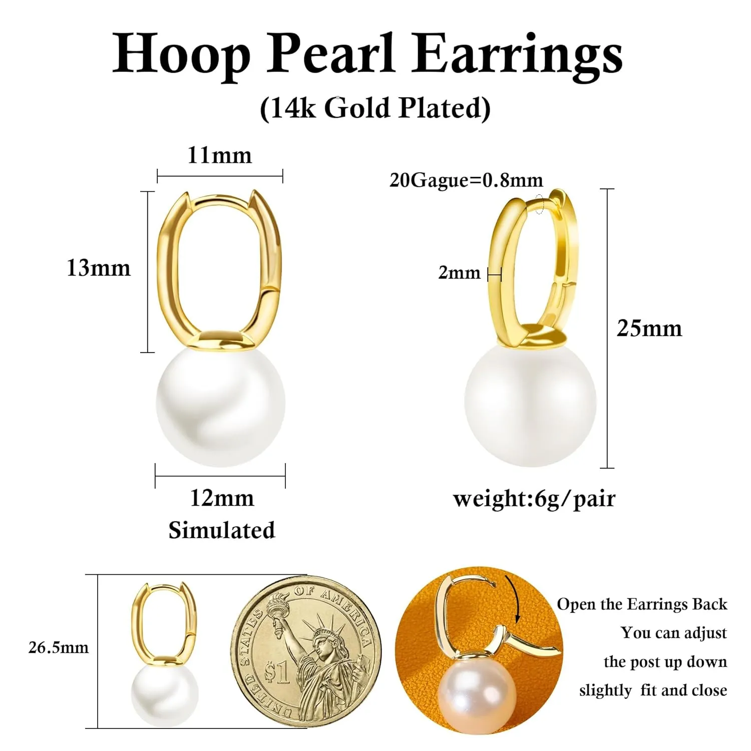 Pearl Hoop Earrings, Pearl Huggie Earrings for Women Big Gold Pearl Earrings Dainty 12 mm Pearl Drop Earrings Dangle Hoop earring as Girls Leverback Earrings Vintage Jewelry Wedding Gifts