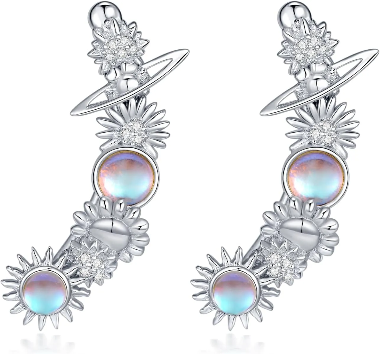 PELOVNY Daisy Filigree Earrings S925 Sterling Silver Moonstone Planet Ear Climber Crawler Cuff Wraps Earrings Jewelry Gifts for Women Hypoallergenic
