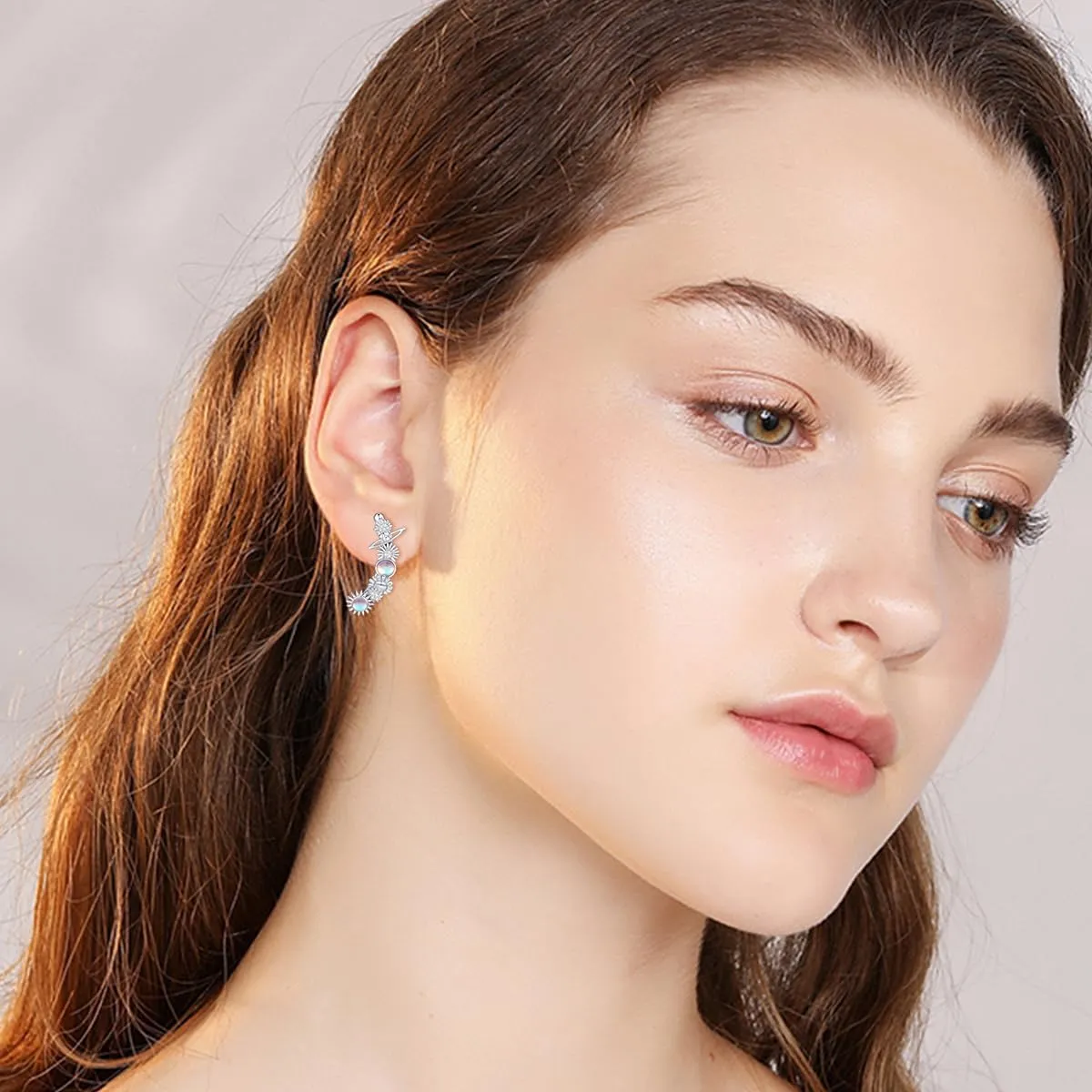 PELOVNY Daisy Filigree Earrings S925 Sterling Silver Moonstone Planet Ear Climber Crawler Cuff Wraps Earrings Jewelry Gifts for Women Hypoallergenic