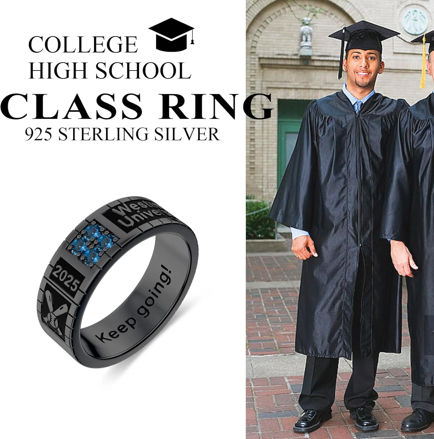 Personalized Men Class Band Rings 925 Sterling Silver 2024 2025 Graduation Rings High School College University Rings with Birthstone Size 5-16 (with Jewelry Box)