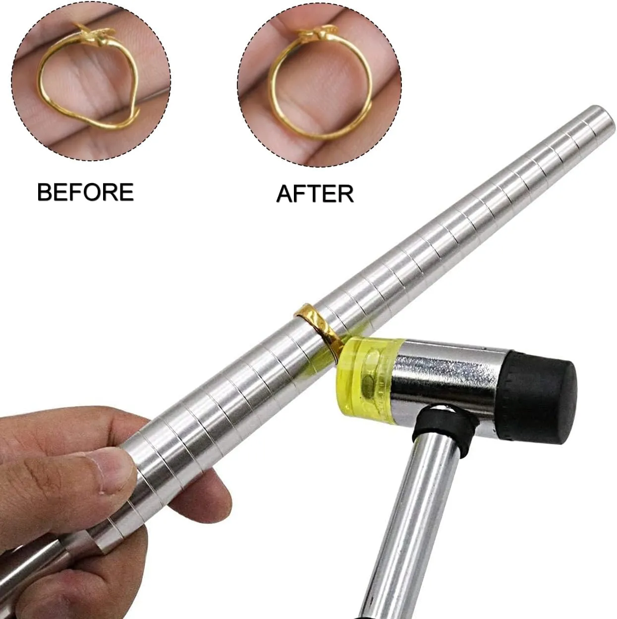 PHYHOO Rould Ring Mandrel Metal Ring Sizer Gauge Set with Jewelers Rubber Mallet Hammer Ring Measurement Tool Finger Sizing Size Measuring US Sizes 0-13 Steel Jewelry Making Tools