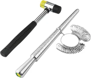 PHYHOO Rould Ring Mandrel Metal Ring Sizer Gauge Set with Jewelers Rubber Mallet Hammer Ring Measurement Tool Finger Sizing Size Measuring US Sizes 0-13 Steel Jewelry Making Tools