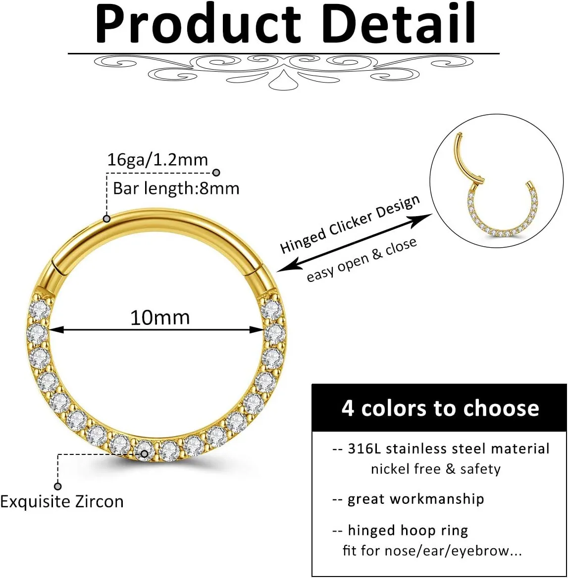 PiercingJ 2PCS Cubic Zirconia Hinged Nose Rings 316L Stainless Steel 16G Cartilage Earrings Hoop Hinged Nose Septum Piercing Clicker Ring Helix Tragus Daith Endless Earring 8mm 10mm