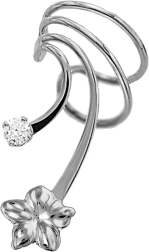 Plumeria Flower and CZ Rhodium on Silver Left Wave Ear Cuff Earring Wrap