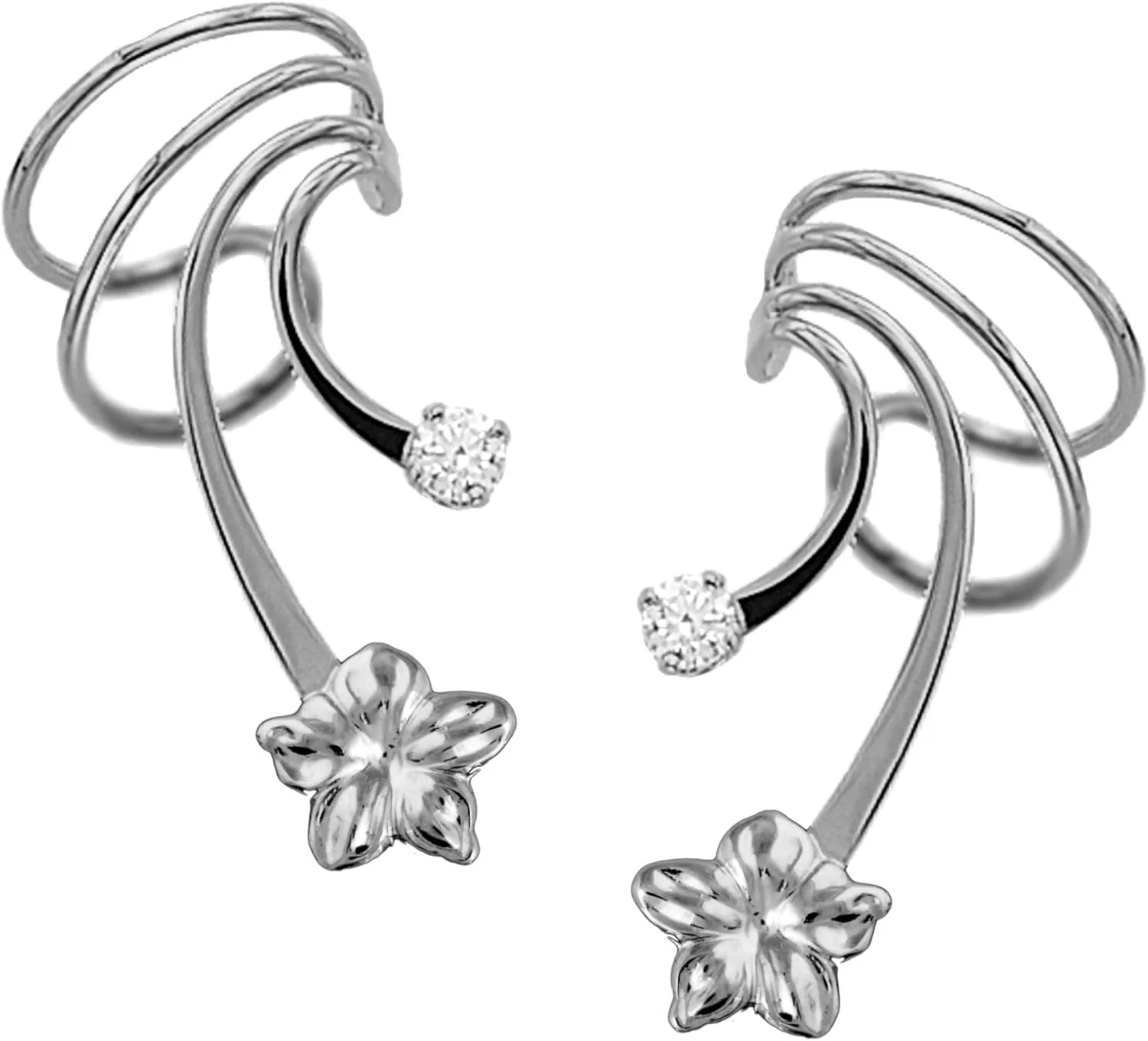 Plumeria Flower and CZ Rhodium on Silver Short Wave Ear Cuff Earring Wraps
