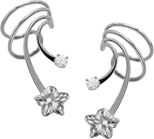 Plumeria Flower and CZ Rhodium on Silver Short Wave Ear Cuff Earring Wraps