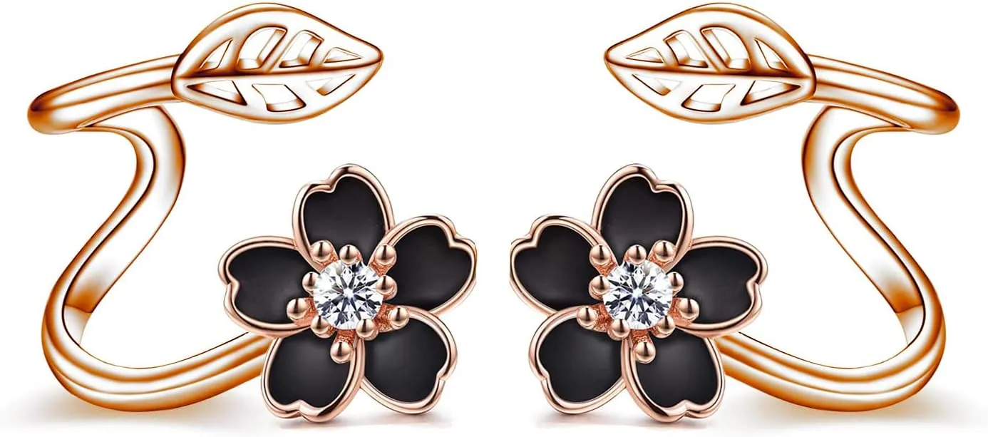 POPLYKE Black Flower 925 Sterling Silver Ear Climber Rose Flower Crawler Cuff Wraps Earrings Jewelry Gifts for Women Hypoallergenic