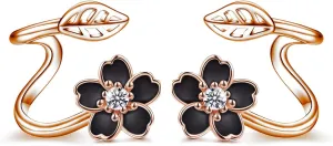 POPLYKE Black Flower 925 Sterling Silver Ear Climber Rose Flower Crawler Cuff Wraps Earrings Jewelry Gifts for Women Hypoallergenic