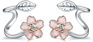 POPLYKE Pink Flower 925 Sterling Silver Ear Climber Flower Crawler Cuff Wraps Earrings Jewelry Gifts for Women Hypoallergenic