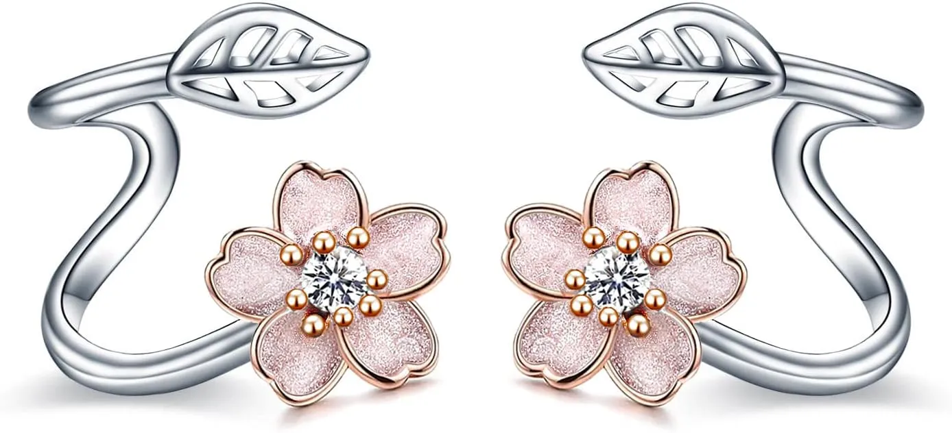 POPLYKE Pink Flower 925 Sterling Silver Ear Climber Flower Crawler Cuff Wraps Earrings Jewelry Gifts for Women Hypoallergenic