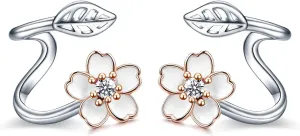 POPLYKE White Flower 925 Sterling Silver Ear Climber Flower Crawler Cuff Wraps Earrings Jewelry Gifts for Women Hypoallergenic