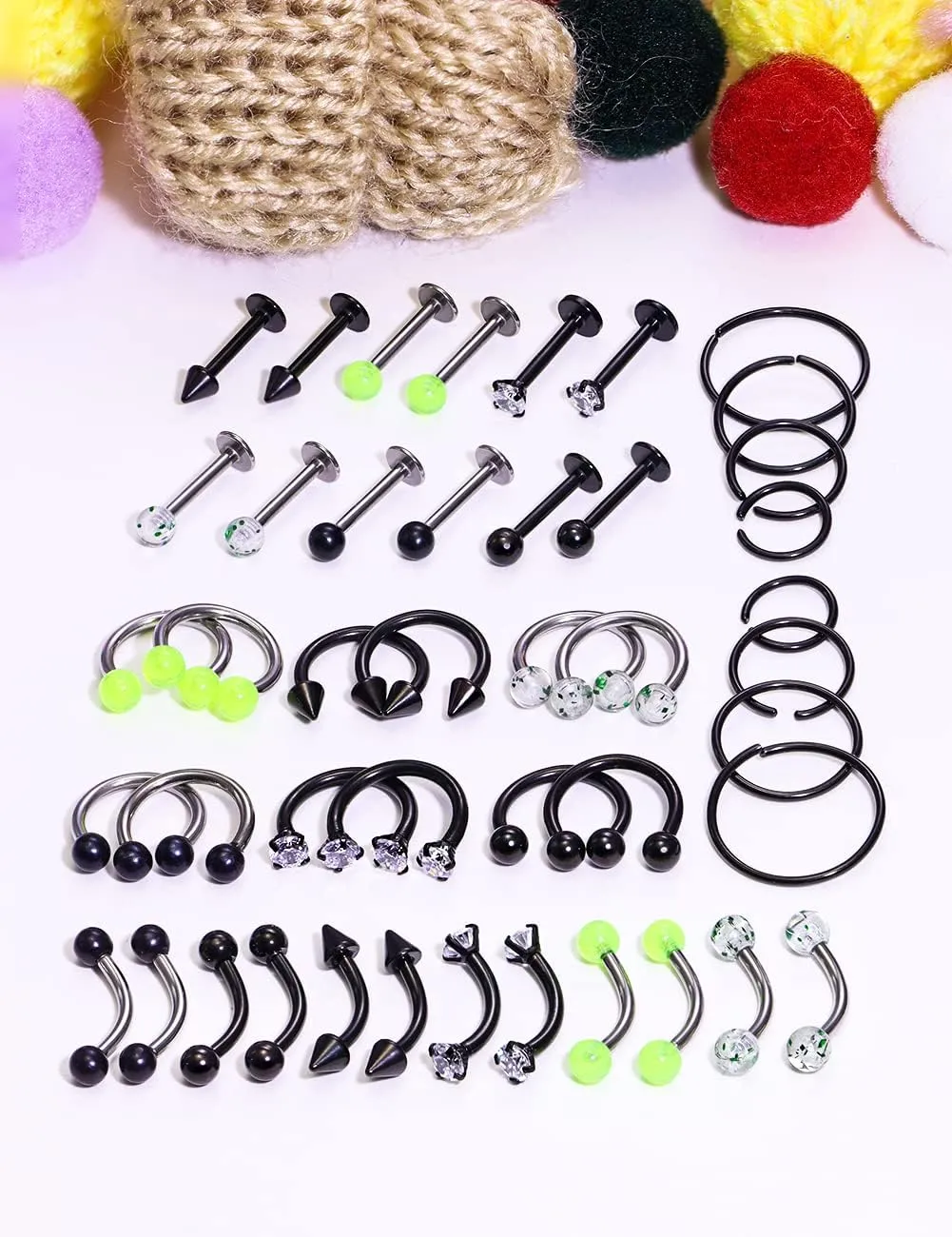 Prjndjw 16g Lip Rings - Stainless Steel Horseshoe, Eyebrow & Labret Monroe Lip Rings - Nail, Tragus, Helix Earrings & Studs - Medusa Piercing Jewelry - 8mm, 44 Pcs Glow in The Dark
