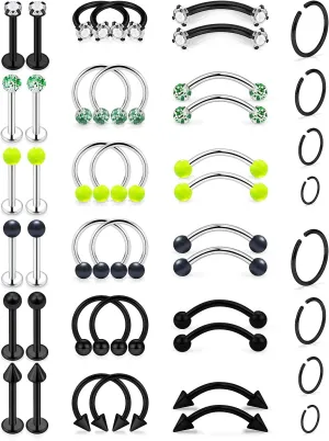 Prjndjw 16g Lip Rings - Stainless Steel Horseshoe, Eyebrow & Labret Monroe Lip Rings - Nail, Tragus, Helix Earrings & Studs - Medusa Piercing Jewelry - 8mm, 44 Pcs Glow in The Dark