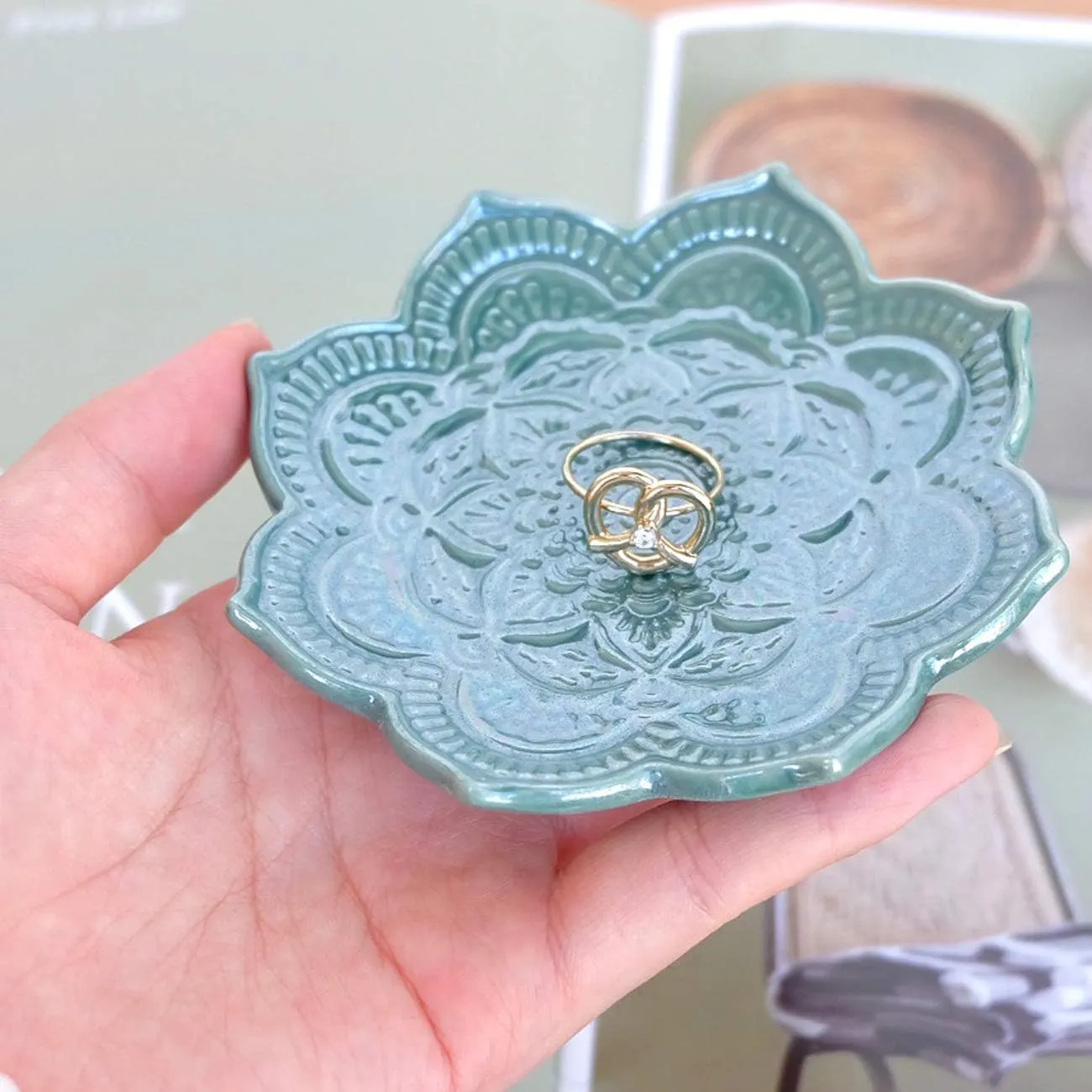 PUDDING CABIN Green Mandala Ring Dish, Birthday Gift for Mom Female Women Friend Girls