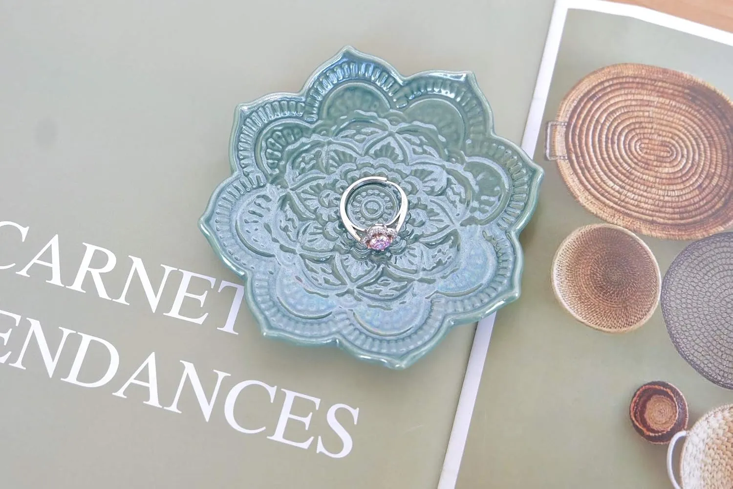 PUDDING CABIN Green Mandala Ring Dish, Birthday Gift for Mom Female Women Friend Girls