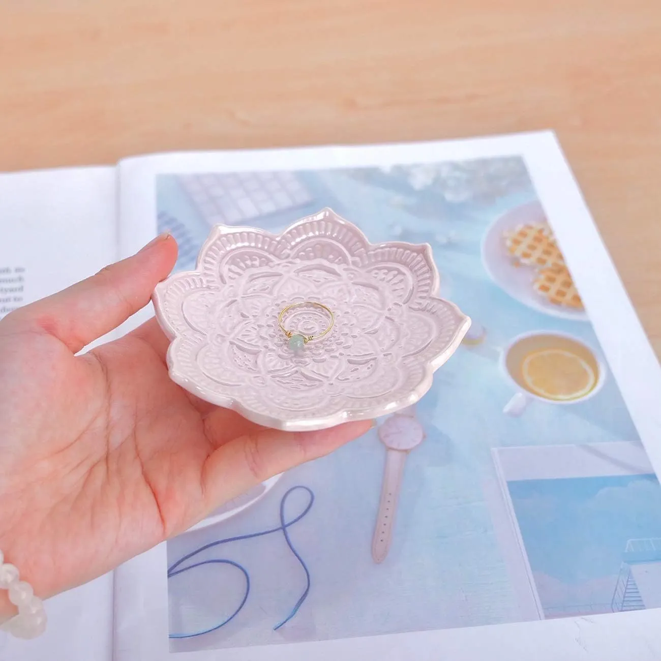 PUDDING CABIN Pink Mandala Ring Dish, Birthday Gift for Female Women Friend Mom Girls