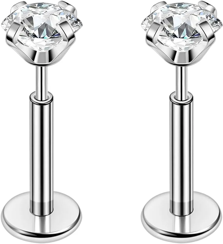 PunkTracker 16g/18g/20g Titanium Steel Threadless Flat Back Cartilage Earrings for Helix/Tragus/Conch/Daith/Earlobe - Nose Studs Lip Rings Labret Monroe Piercing Jewelry for Women Men 2PCS