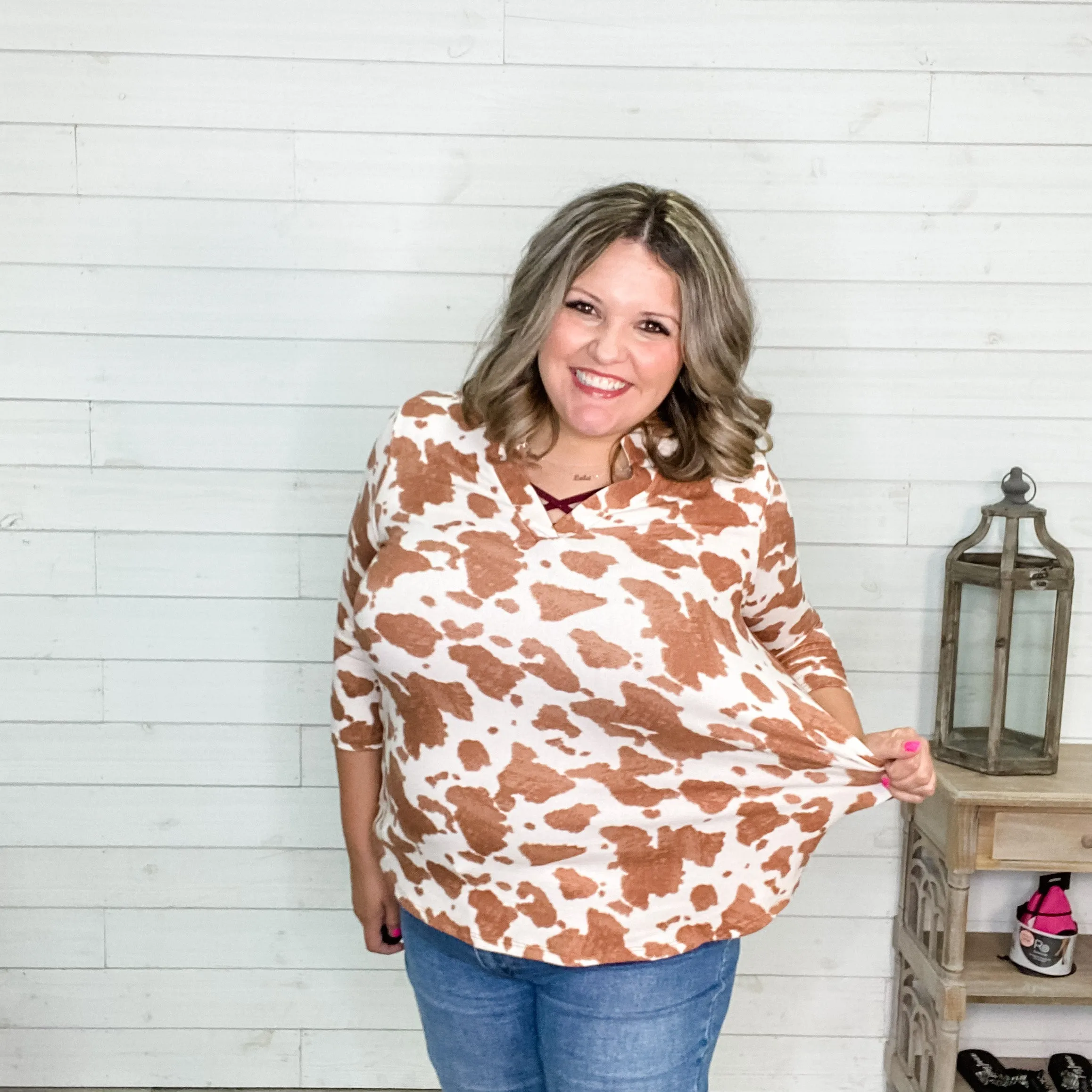 "Aggie" Animal Print Lizzy 3/4 Sleeve Split Neck