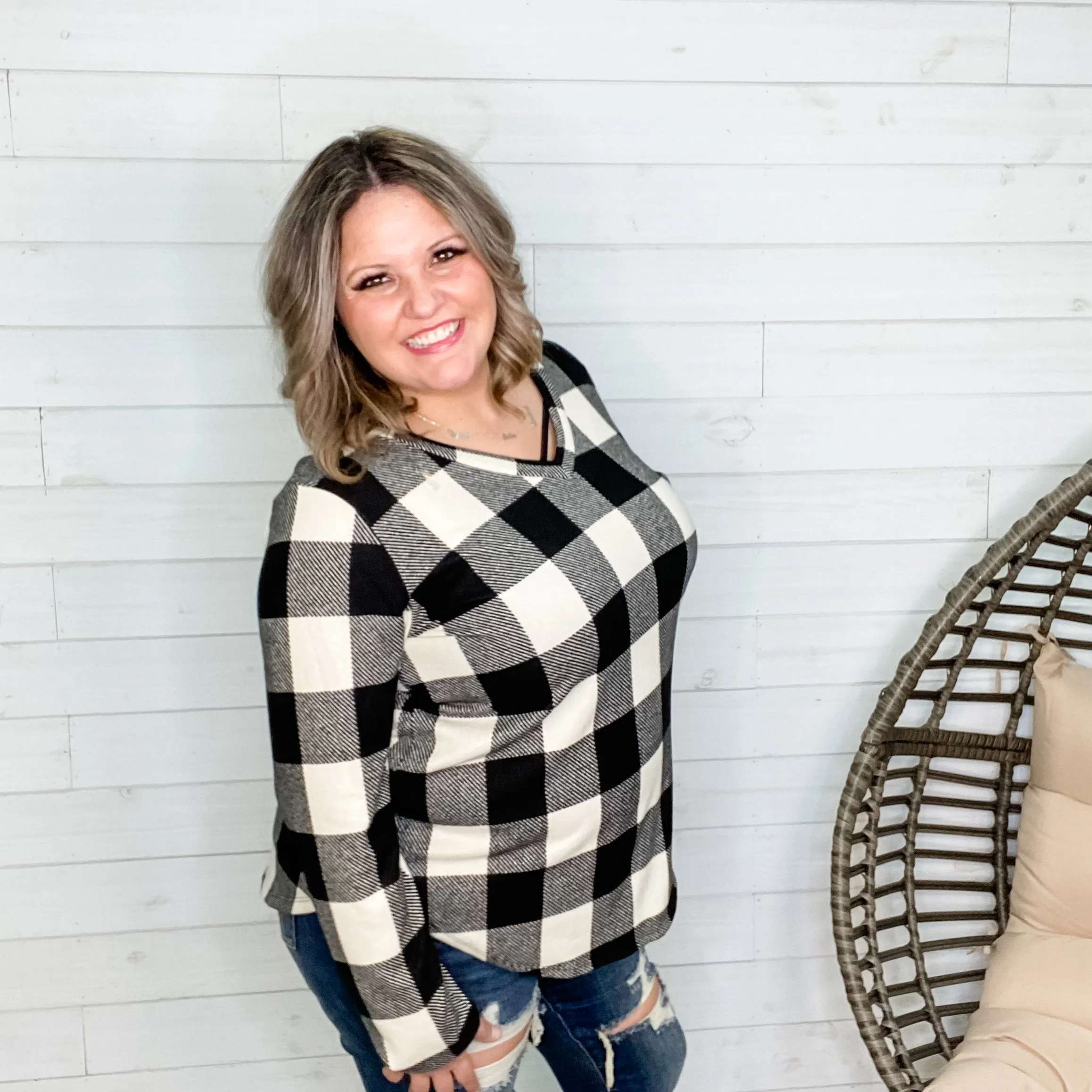 "Delfina" Long Sleeve Checkered V Neck