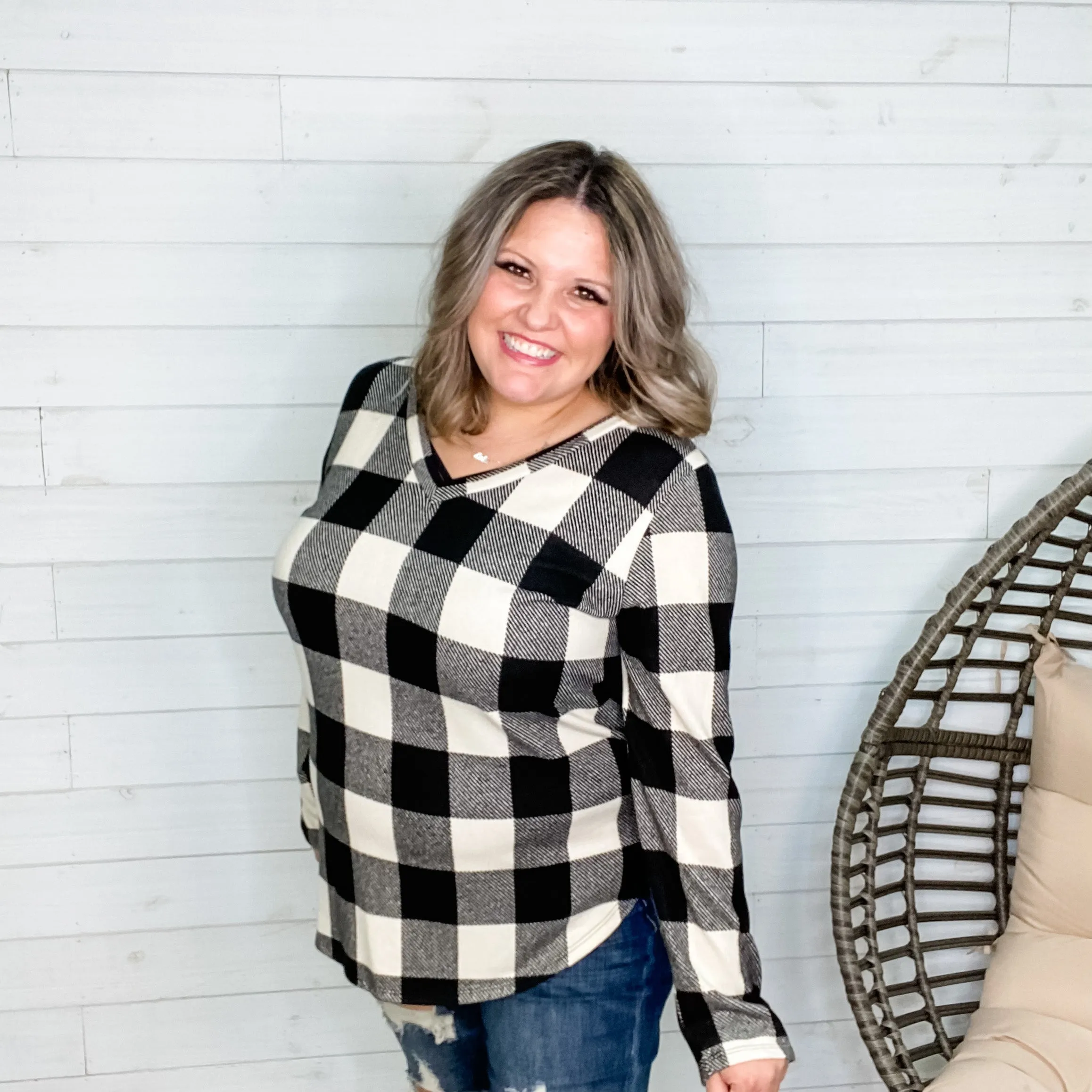 "Delfina" Long Sleeve Checkered V Neck