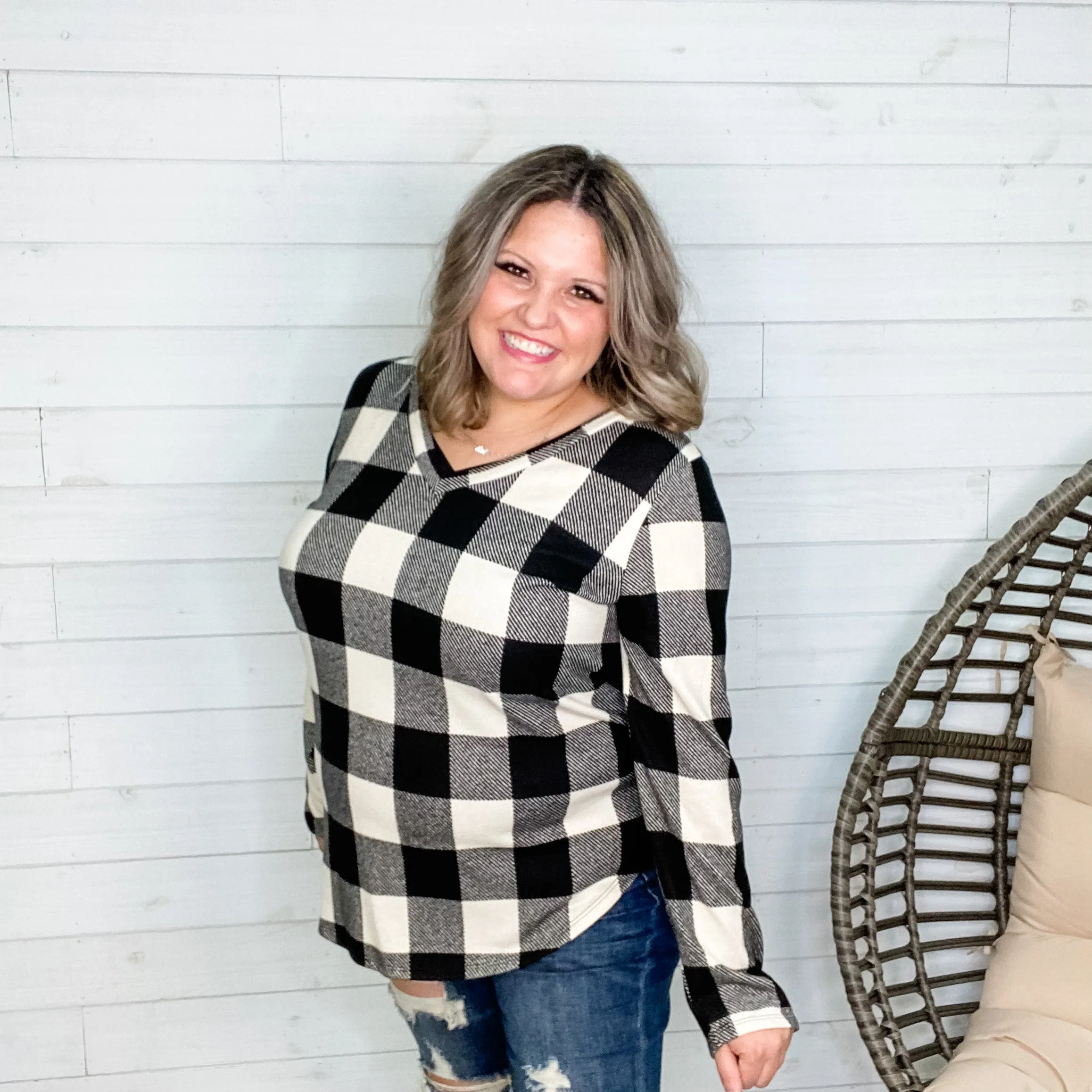 "Delfina" Long Sleeve Checkered V Neck