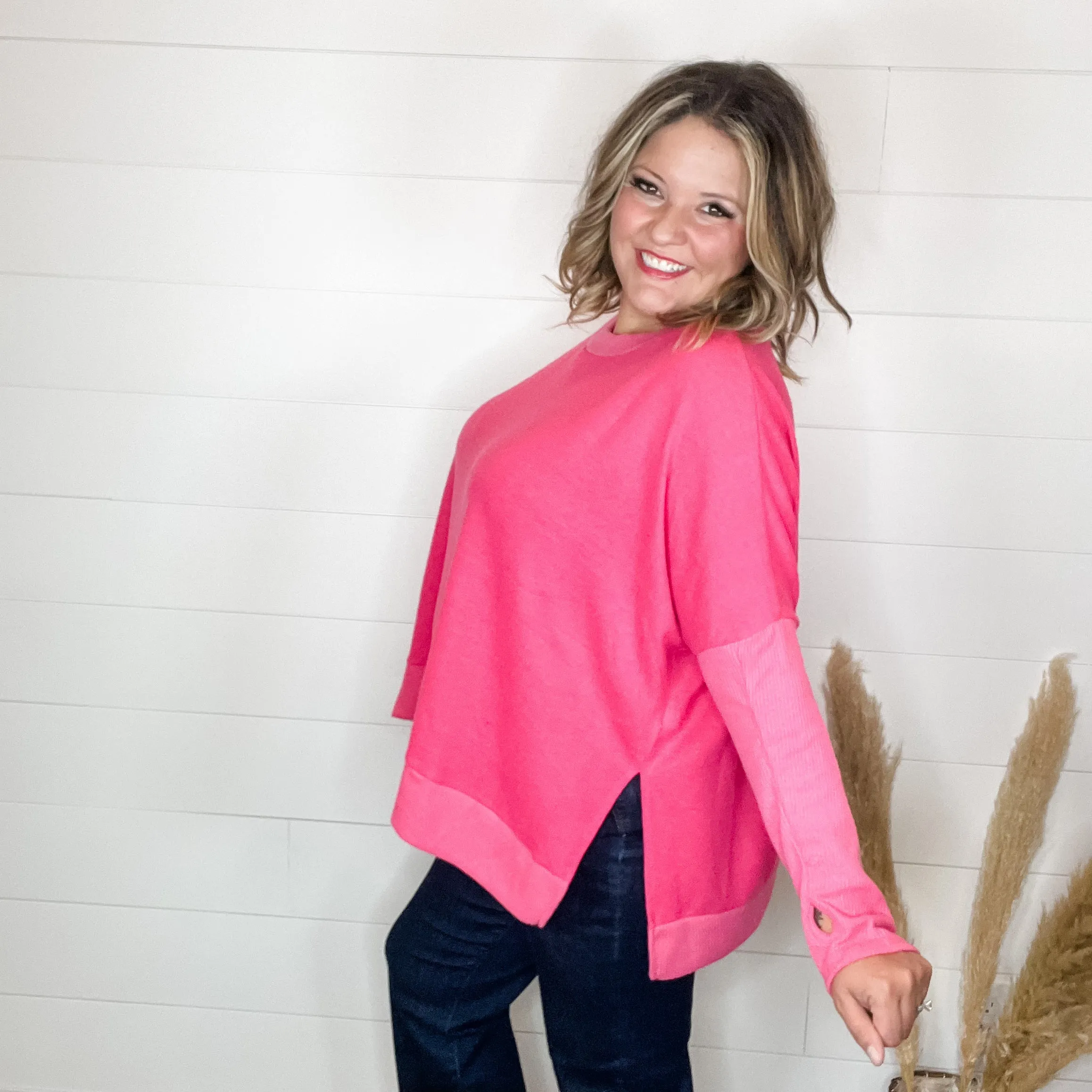"Downtime" Long Sleeve with Thumbholes Hi Low (Pink)