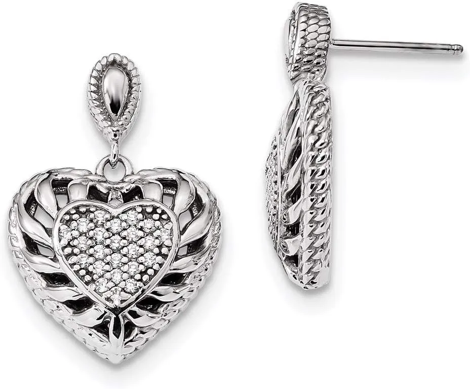 Real 925 Sterling Silver CZ Cubic Zirconia Heart Dangle Studs Post Earrings - 22mm x 17mm