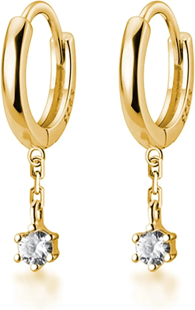 Reffeer 925 Sterling Silver CZ Dangle Hoop Earrings for Women Teens Tiny Huggie Hoop Earrings Chain