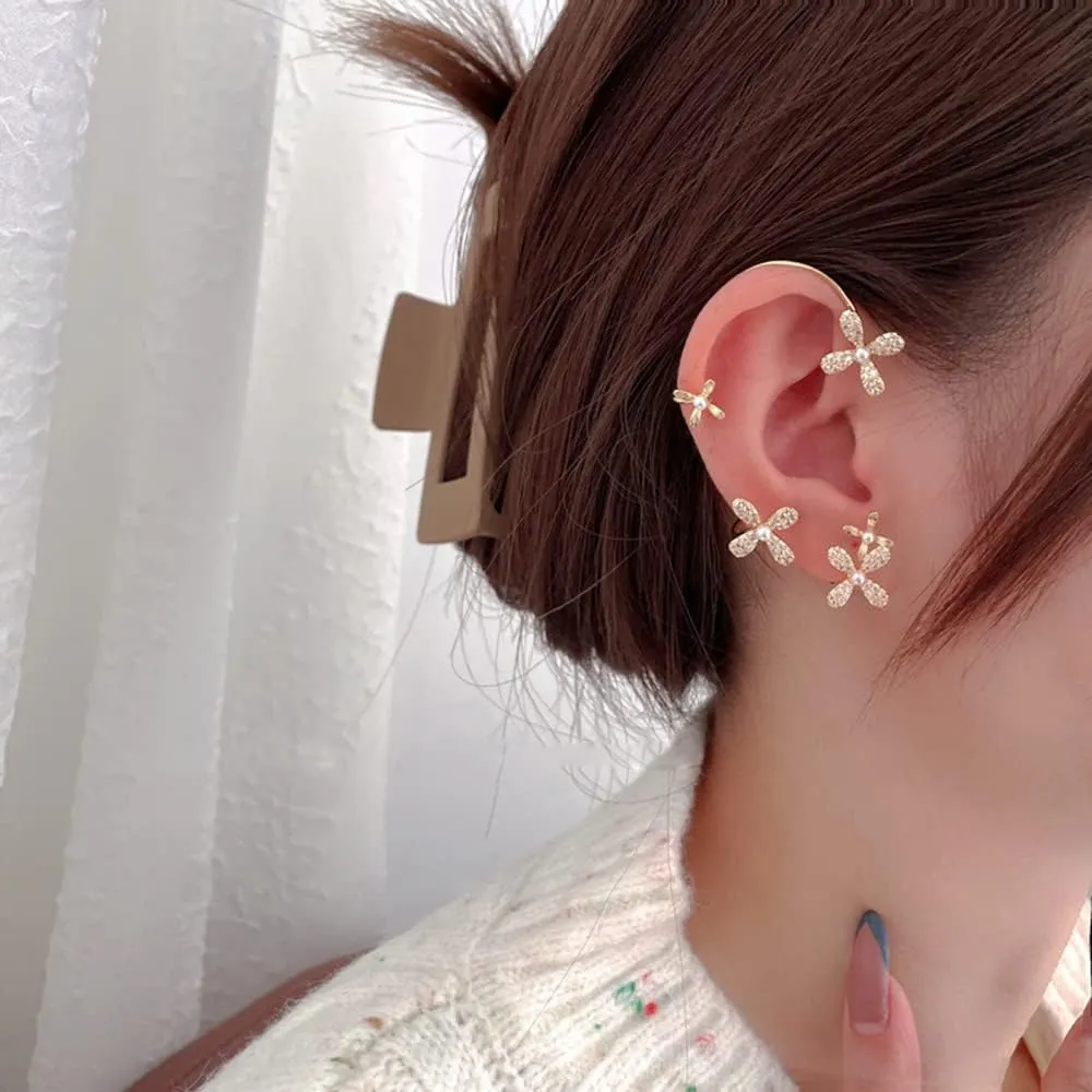 Reffeer Platinum Plated Copper Flower Cuff Earrings Crawler for Women Crystal Flower Wrap Earrings Non Piercing