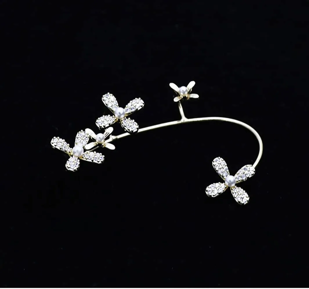 Reffeer Platinum Plated Copper Flower Cuff Earrings Crawler for Women Crystal Flower Wrap Earrings Non Piercing