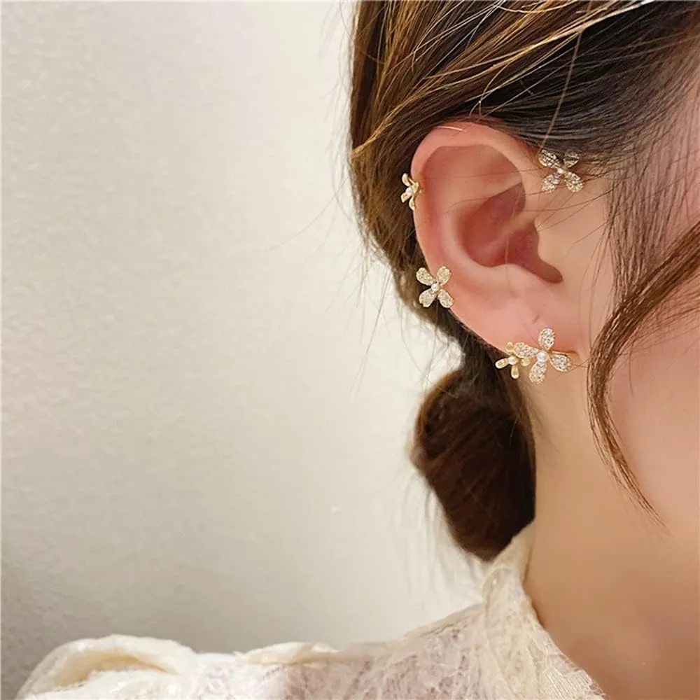 Reffeer Platinum Plated Copper Flower Cuff Earrings Crawler for Women Crystal Flower Wrap Earrings Non Piercing