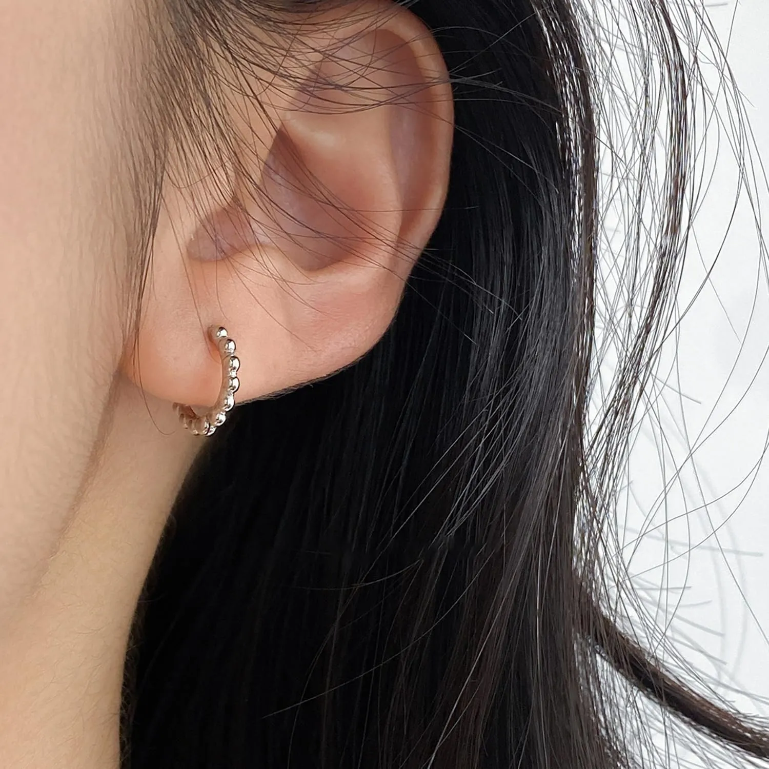 Reffeer Solid 925 Sterling Silver Ball Hoop Earrings for Women Teens Beaded Hoop Earrings Minimalist Huggie Earrings