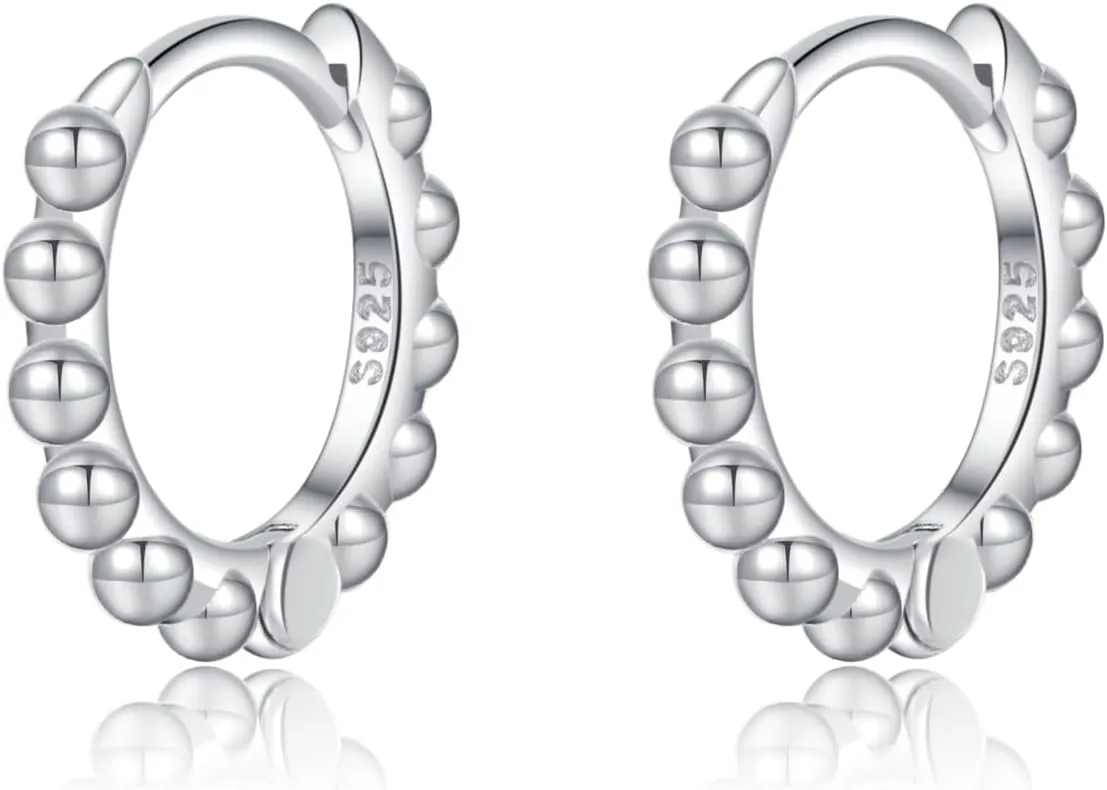 Reffeer Solid 925 Sterling Silver Ball Hoop Earrings for Women Teens Beaded Hoop Earrings Minimalist Huggie Earrings