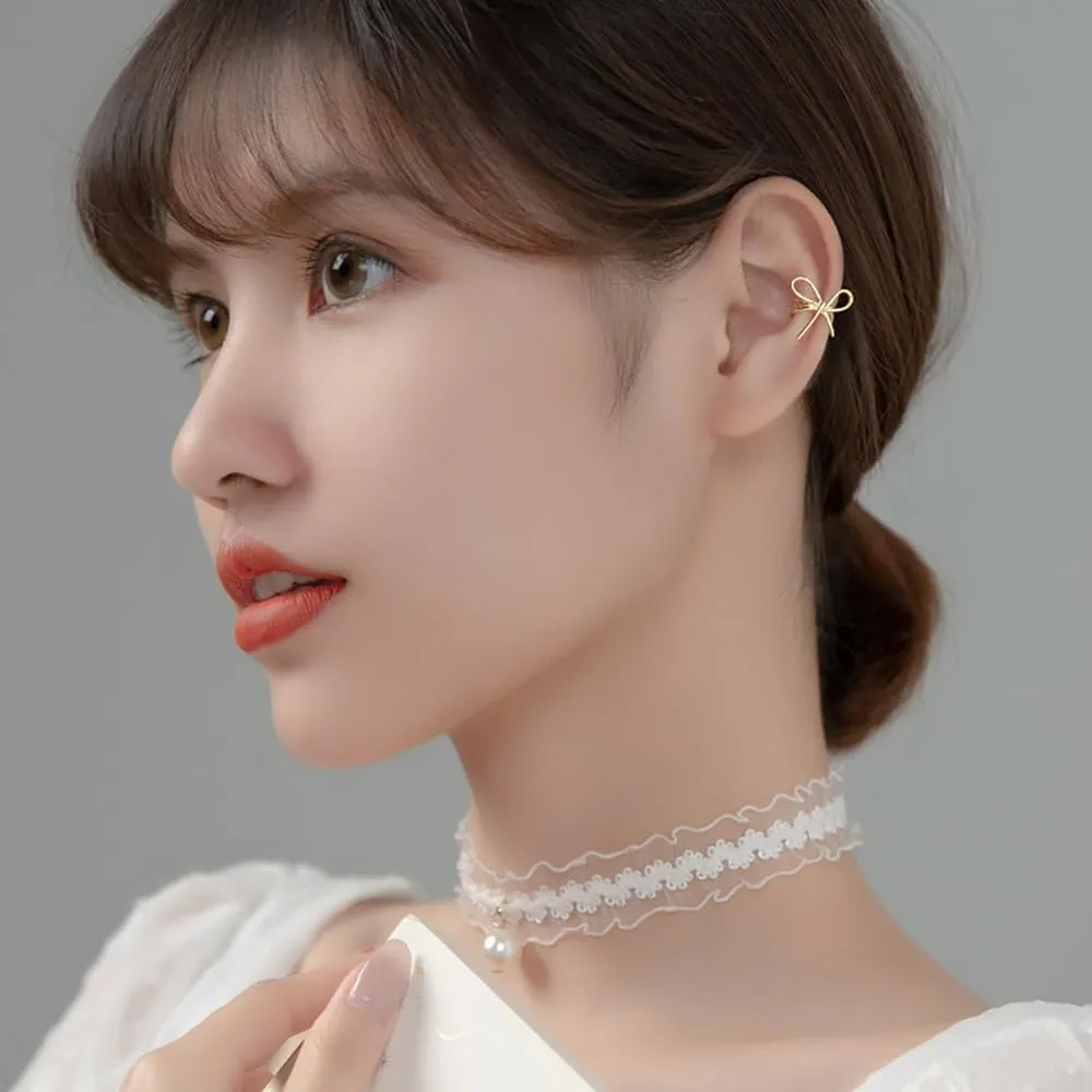 Reffeer Solid 925 Sterling Silver Bow Cuff Earrings Wraps for Women Teens Ribbon Bowknot Cuff Earrings Clip Ons