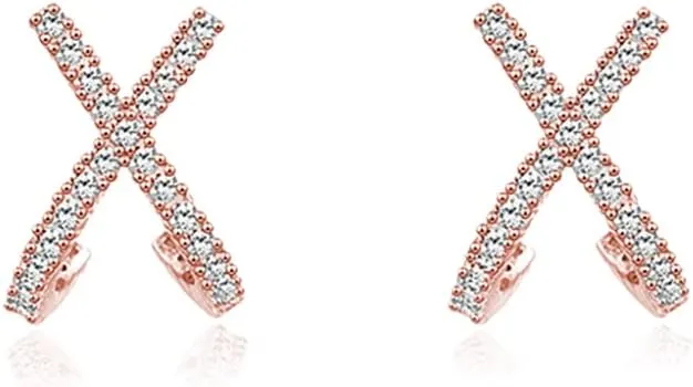 Reffeer Solid 925 Sterling Silver CZ Cuff Piercing Stud Earrings Wraps for Women Teens X Criss Cross Cuff Earrings Huggie Hoops